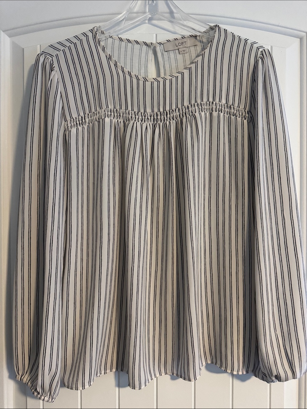 LOFT Cream and Black Vertical Stripe Long-Sleeve Blouse